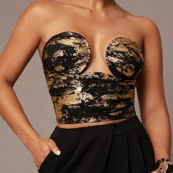 Golden Glam: Women's Black and Gold Pleated Tube Top – Sexy and Elegant - Picture 1 of 7
